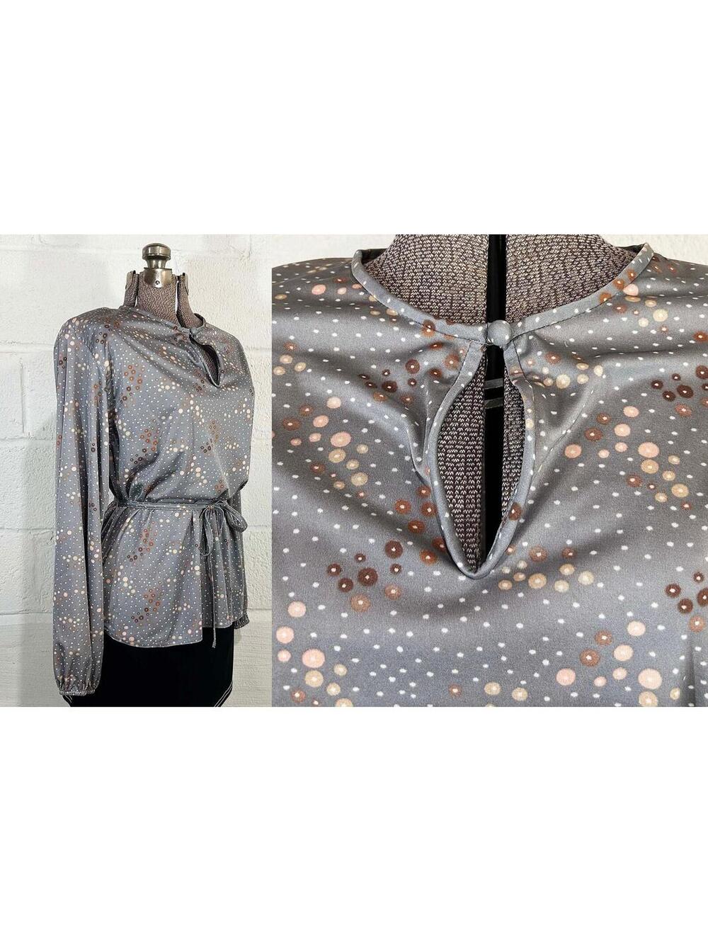 Vintage Abstract Dot Print Blouse Tunic Marty Gutmacher Gray Belted 1970s XL